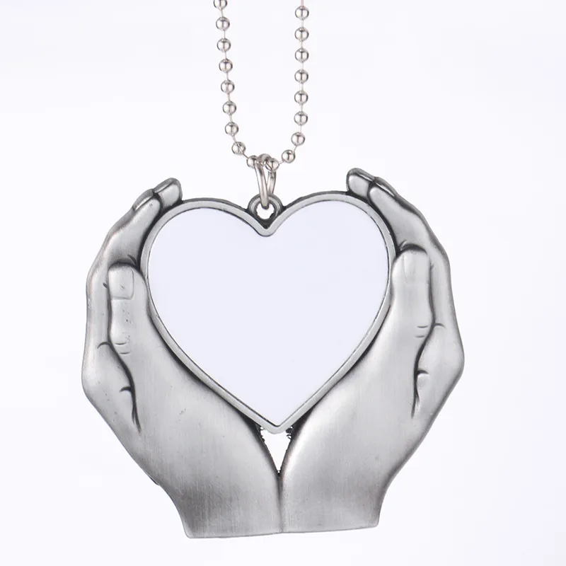 Sublimation Metal Blanks Ornaments Pendants Hand Holding Heart Car Decoration Silver Grey Party Supplies Hang Gifts