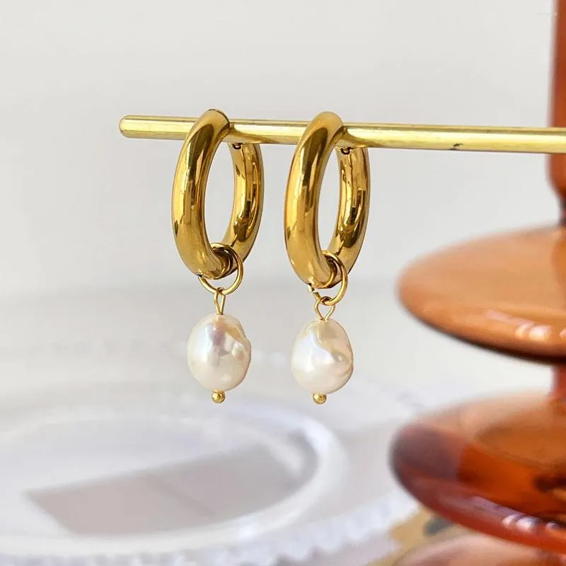 Hoop örhängen uttalande fransk sötvatten pärla för kvinnor flickor rostfritt stål cirkeltillbehör