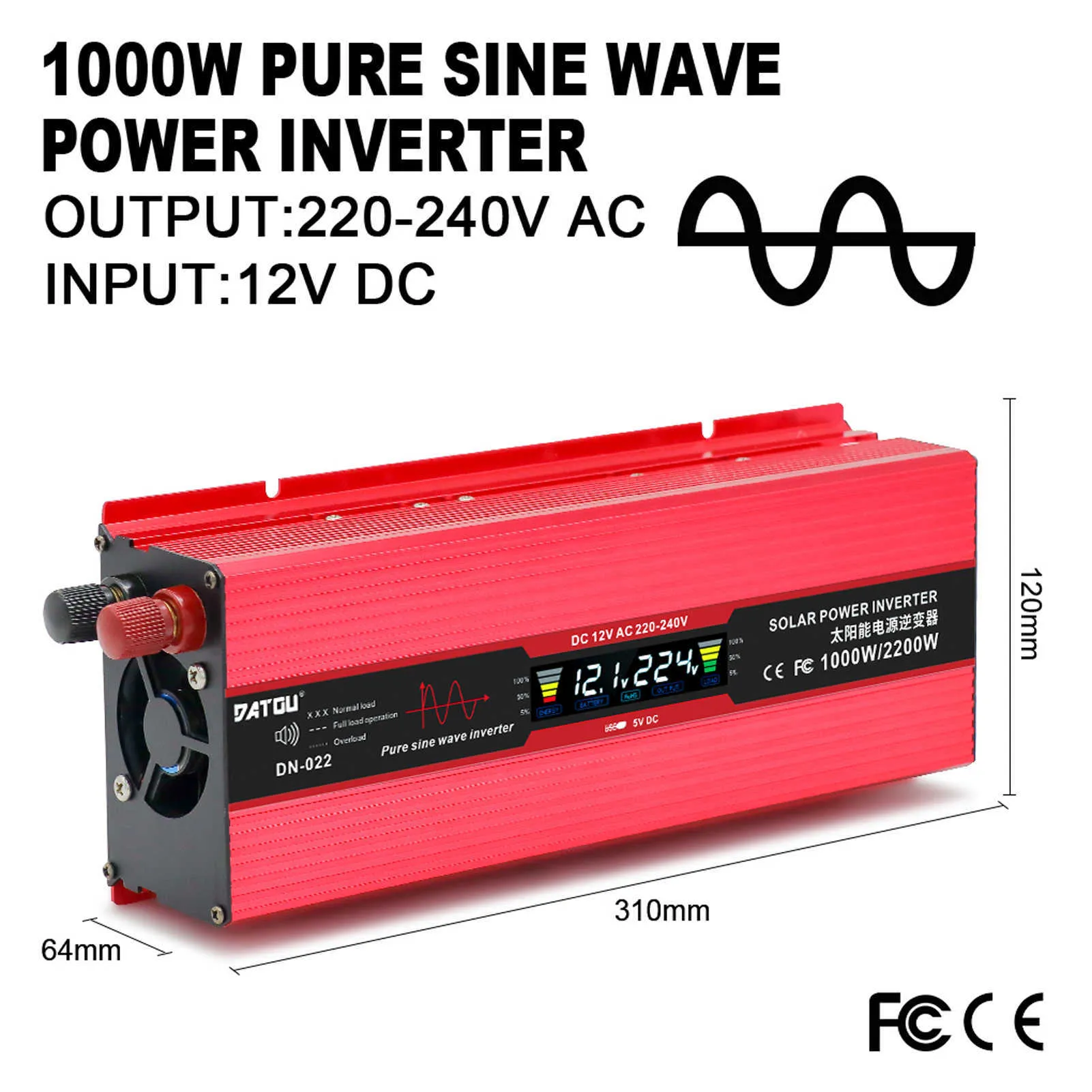 Reiner Sinuswellen-Wechselrichter, 12 V auf 240 V, Wechselrichter, Fahrzeug-Stromrichter, Dauerleistung 1000 W, unterstützt USB-Buchse und LCD