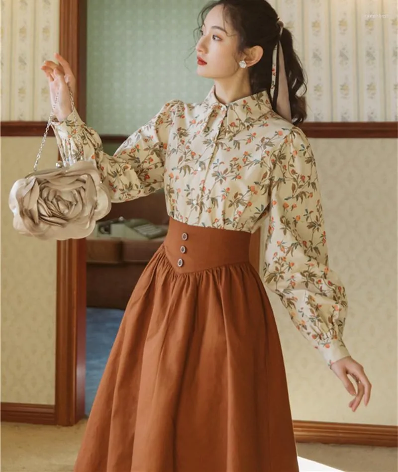 Work Dresses Korean Fashion Women Outfits Autumn Long Sleeve Print Flower Shirt Vintage Blouse Tops & Brown Maxi Skirt For Elegant Lady