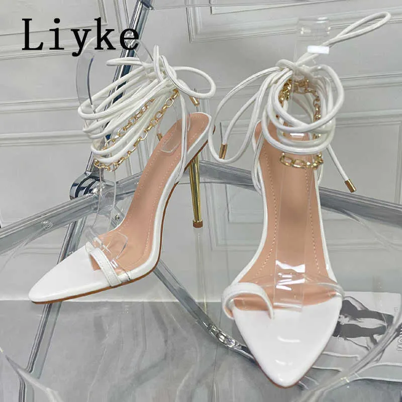 Sandaler Liyke 2022 Summer New Chain Ankle Strap Sandaler Kvinnor Sexig pekad tå snörning Transparent High Heels Party Wedding Dress Shoes T221209