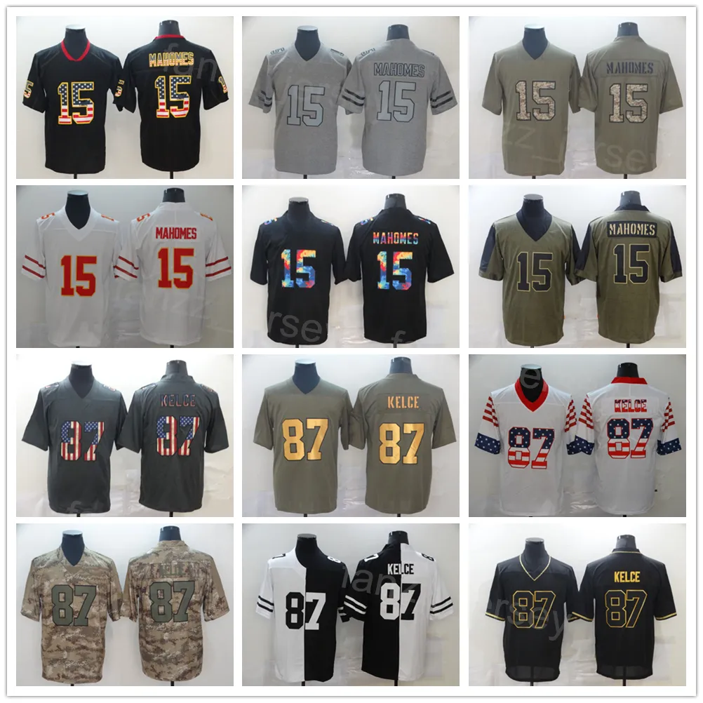 Homens 15 Patrick Mahomes Football Jersey 87 Travis Kelce Olive Salute To Service USMC Turn Back The Clock Vapor Color Rush All Stitched For Sport Fans Leopard Grain Team