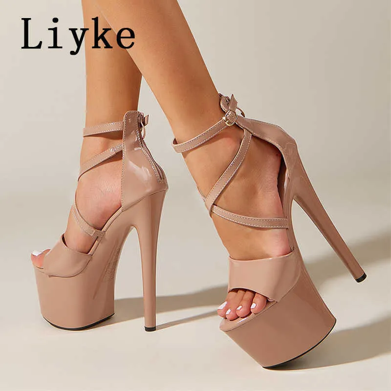 Platform Runway Ankle Liyke Sandals Strap Fashion Women Summer Patent Leather Open Toe Zip Sexy CM High Heels Pole Dance Shoes T E