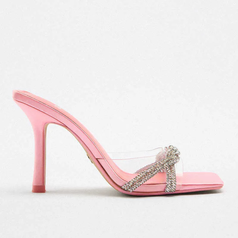 Kvinna 2022 Pink Tarf Högkärna Clear Rhinestone Butterfly Sandaler Kvinnor Transparent klackade sandaler Slingback Sandal T2 50CD