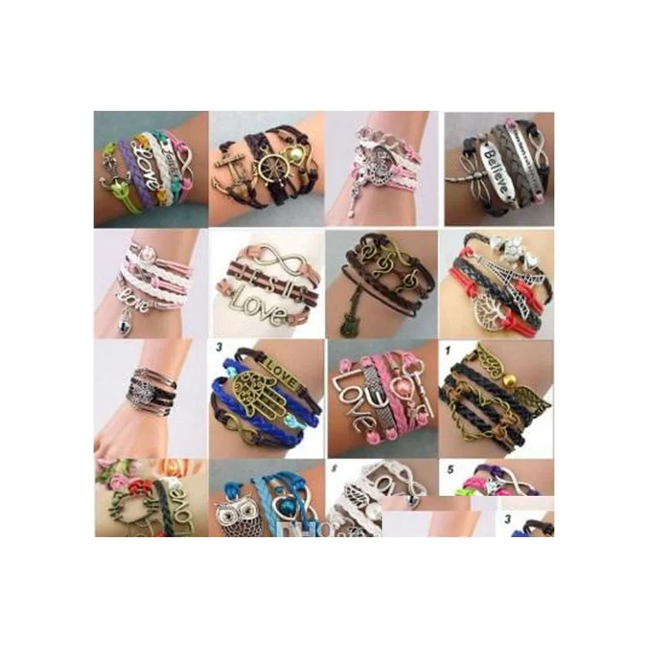 Charm Bracelets 37Designs Leather Bracelet Antique Cross Anchor Love Peach Heart Owl Bird Believe Pearl Knitting Bronze For Fashion Dhc1S