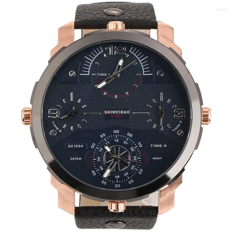 Montres-bracelets Shiweibao Cool Hommes Montres Top Quartz Montre Hommes Quatre Fuseaux Horaires Militaire En Cuir Relogio Masculino