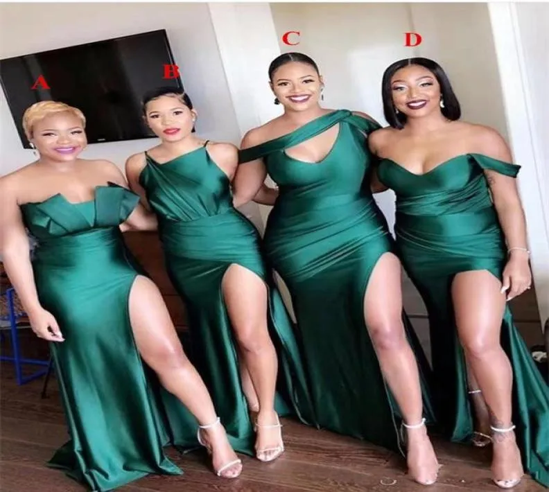 2020 NUEVO Africano Sexy Green Long Dama de honor para bodas Mermaid longitud del piso dividido sat￩n planta plena doncella formal de HO3234395
