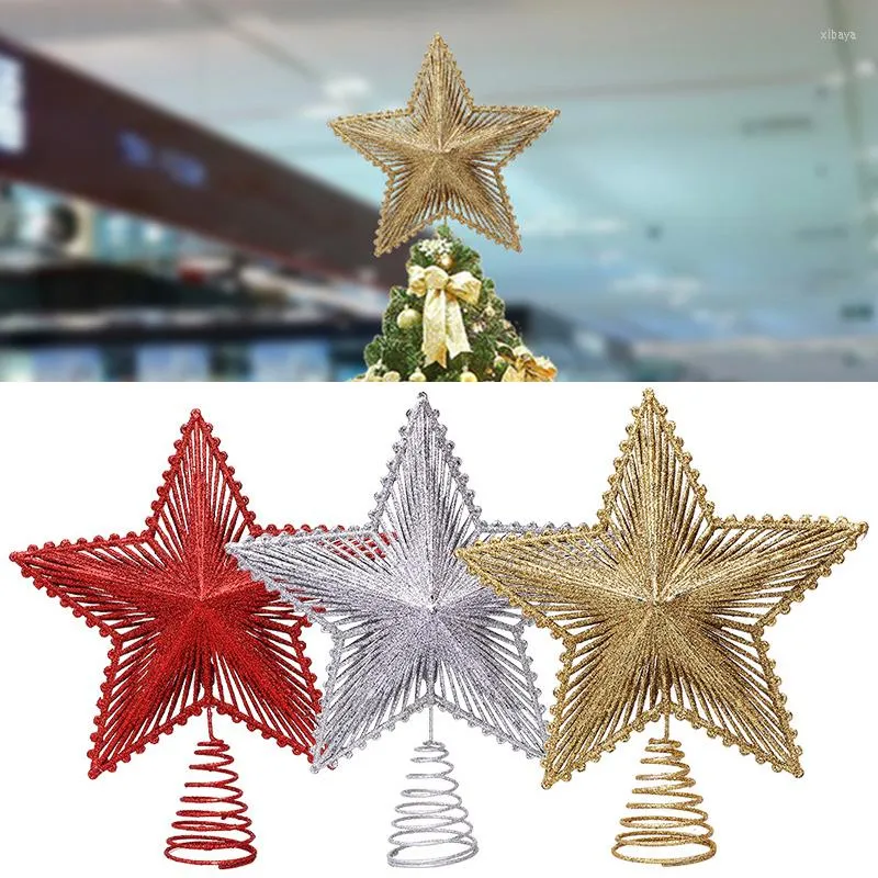 Juldekorationer Guld Silver Red Tree Topper Star Ornaments Xmas Top Five Pointed Decor för Navidad Noel Year Home Party