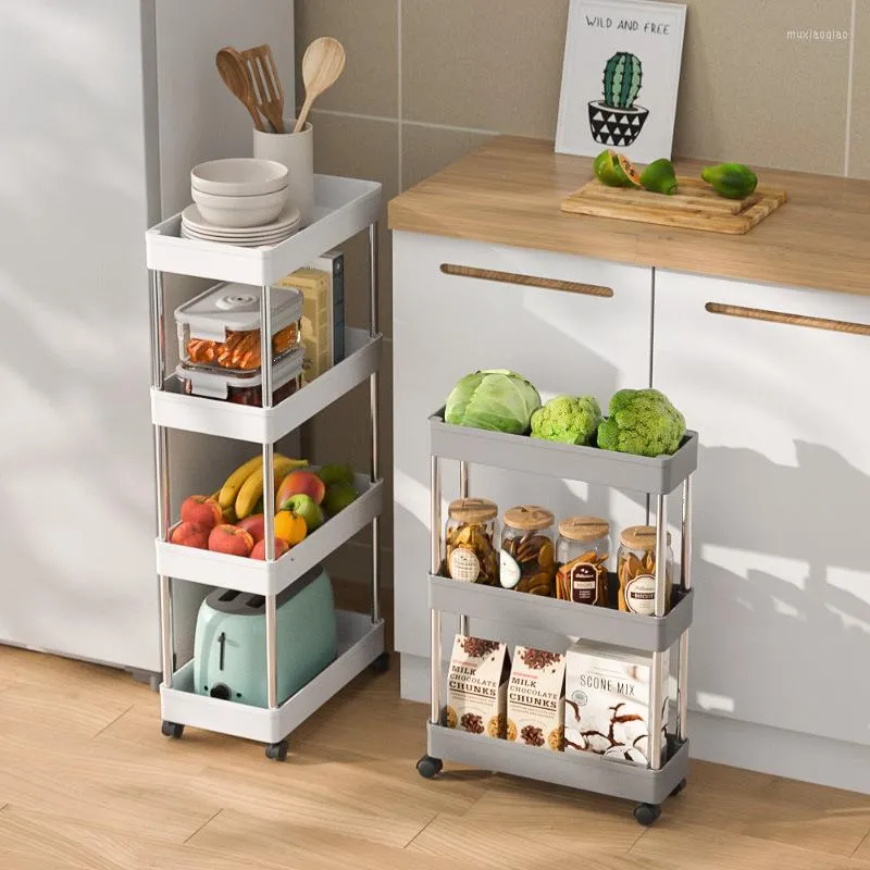 Hooks Movable Kitchen Storage Cart Multi-layer Rack With Wheels Bathroom Shelf Organizer Household Accessories