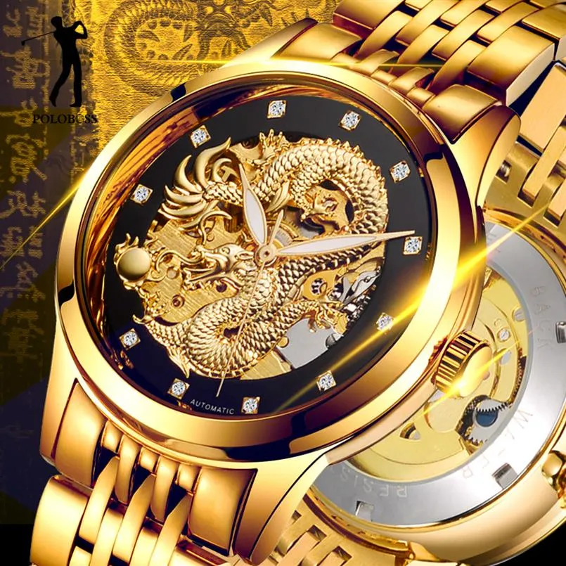 Sports Watches Dragon Skeleton Automatic Mechanical Watches For Men Wrist Watch Stainless Steel Strap Gold Clock 50m Waterproof Me253W