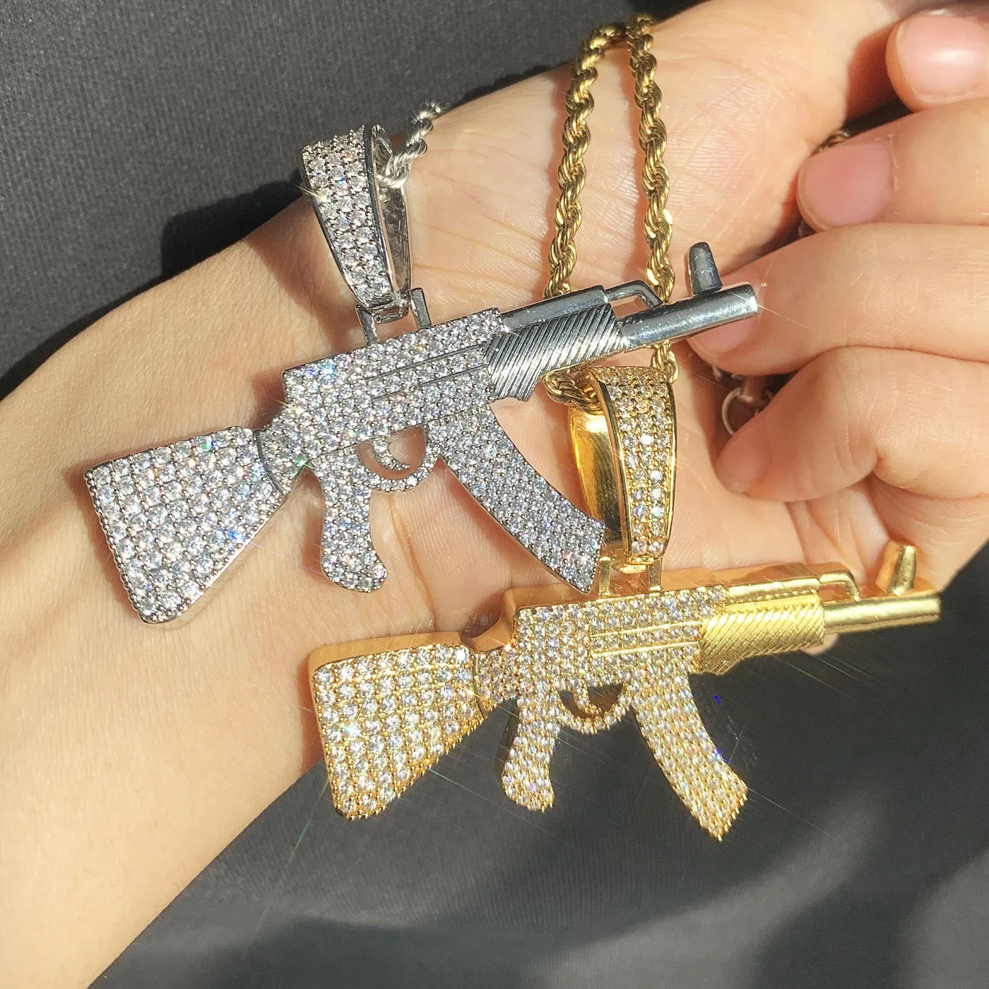 Mens Cool Hip Hop Necklace Gold Silver Colors Full CZ AK47 Pendant Necklace with 24inch Rope Chain Nice Gift