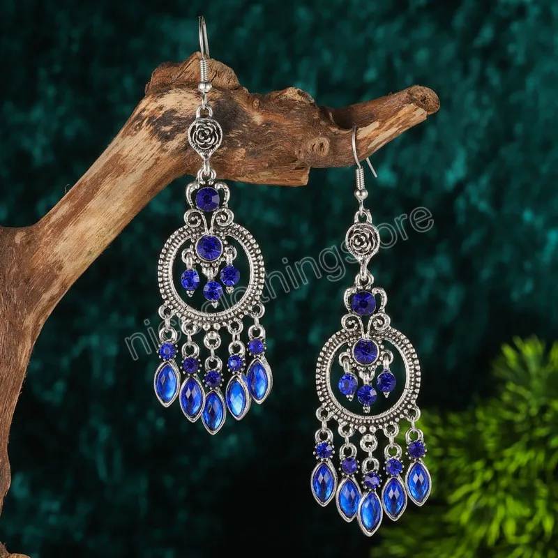 Retro Round Hollow Chinese Style Dangle Earrings Blue Rhinestones Earrings Wholesale Tassel Earring Female