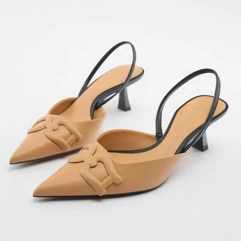 Metal Buckle Mules High Heel Thin Fashion Slingback Sandals Women Pointed Toe Ankle Strap Shoes For Party Dress Pumps Mujer T