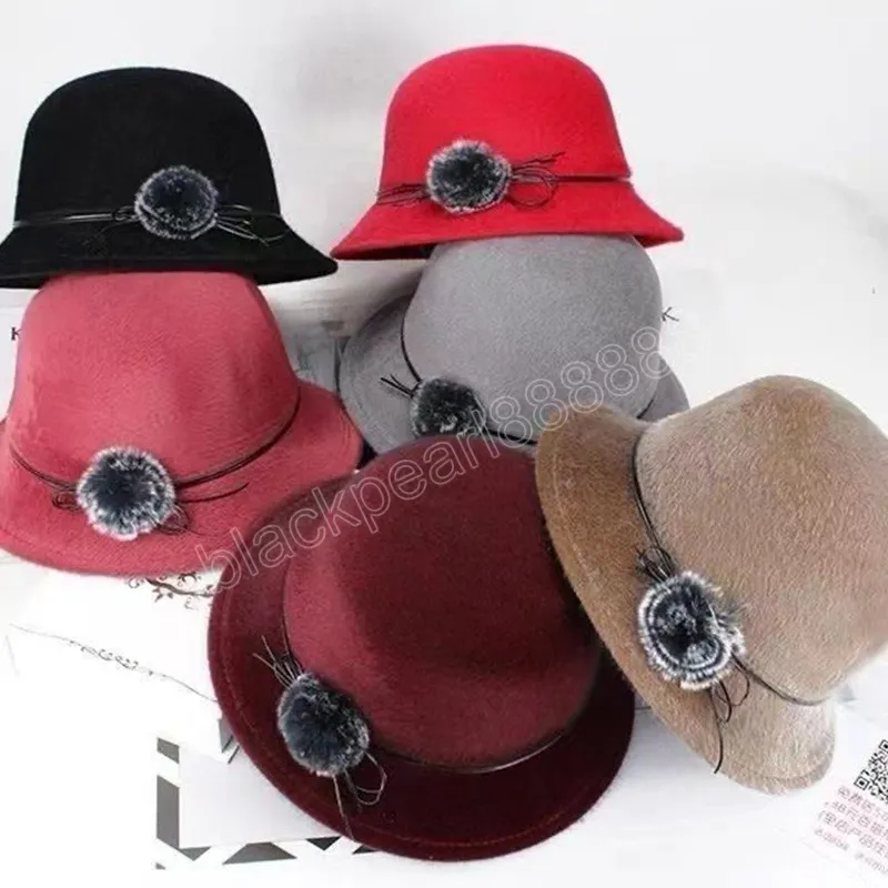 Kvinnor eleganta fedoror hattar vintage bowknot ull kände damer varm mössa blommor pompom höst vinterpanama hink hatt
