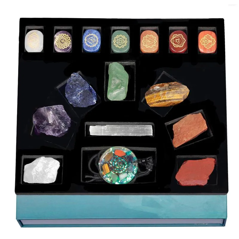 Jewelry Pouches TUMBEELLUWA 7 Chakra Stones Starter Kit Polished Engraved Orgone Pendant Necklace Selenite Wand Healing Crystal Reiki Set