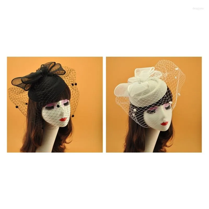 HATS ROVA CABELO DE BOWKNOT com véu Mesh Ribbon Retro Fascinator Hat Pillbox Headwear Tea Party Hair Ornadores