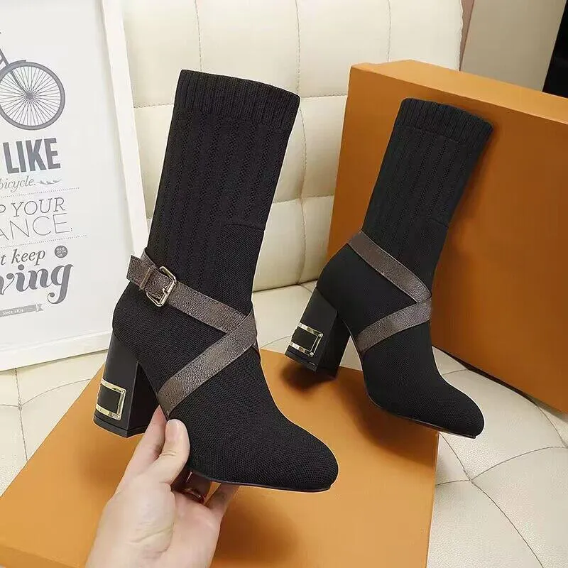 autumn winter socks heeled heel boots fashion sexy Knitted elastic boot designer Alphabetic women shoes lady Metal Letter Thick high heels Large size 35-41-42 With box