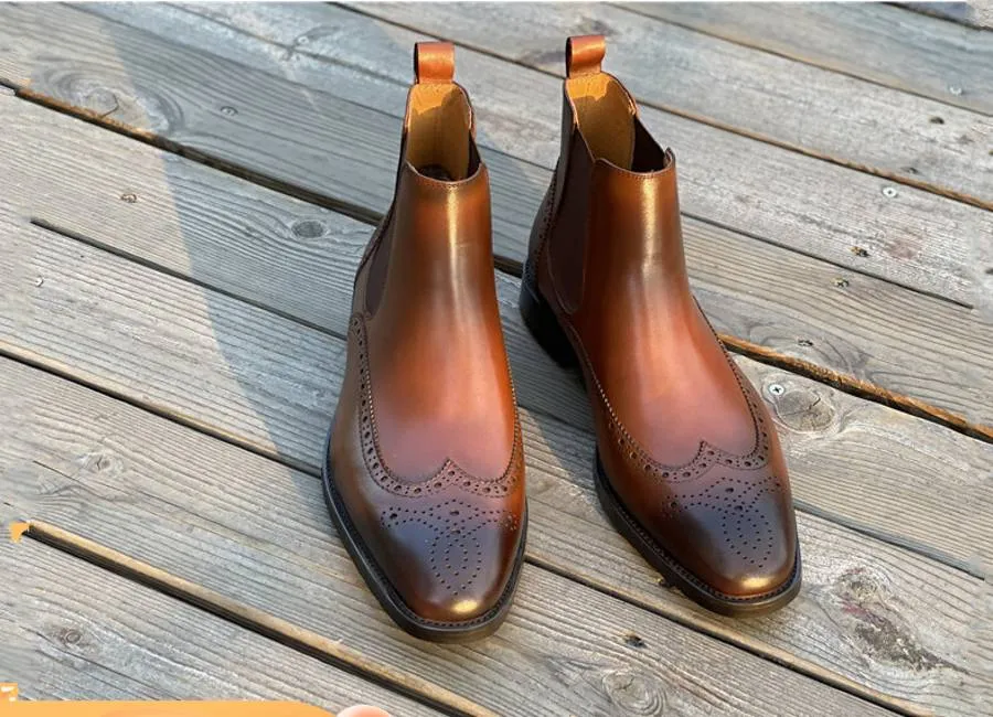 Vintage Leather Chelsea Boots Mens 2024 British Style High Top Brogue Carved Formal Dress Shoes