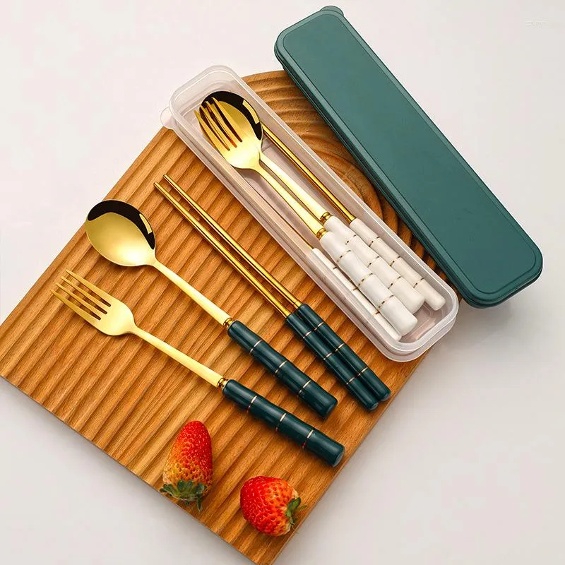 Dinnerware Sets Portable Cutlery With Case Stainless Steel Tableware Fork Spoon Chopsticks Ceramic Handle Travel Set Students Kitchen