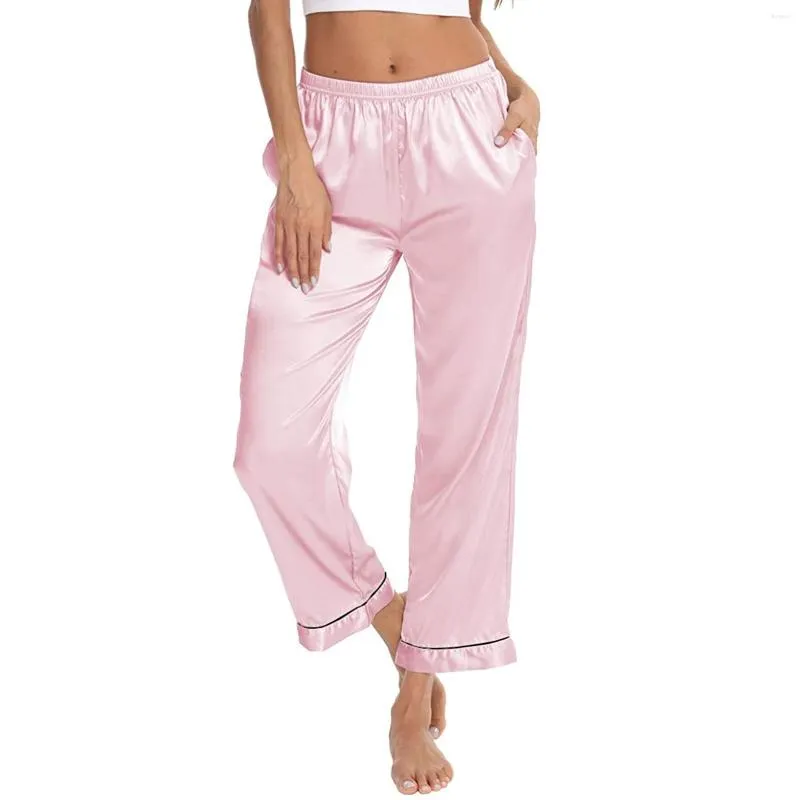 Women's Sleepwear Women Silk Satin Pajamas Nightwear Loungewear Homewear Ankle Length Pants Floral Print Ladies Clothe Pijama Mujer Pink