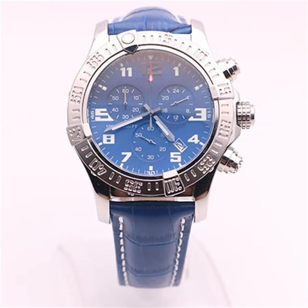 Dhgate vald butiksklockor män Seawolf Chrono Blue Dial Blue Leather Belt Watch Quartz Watch Mens Dress Watches261o