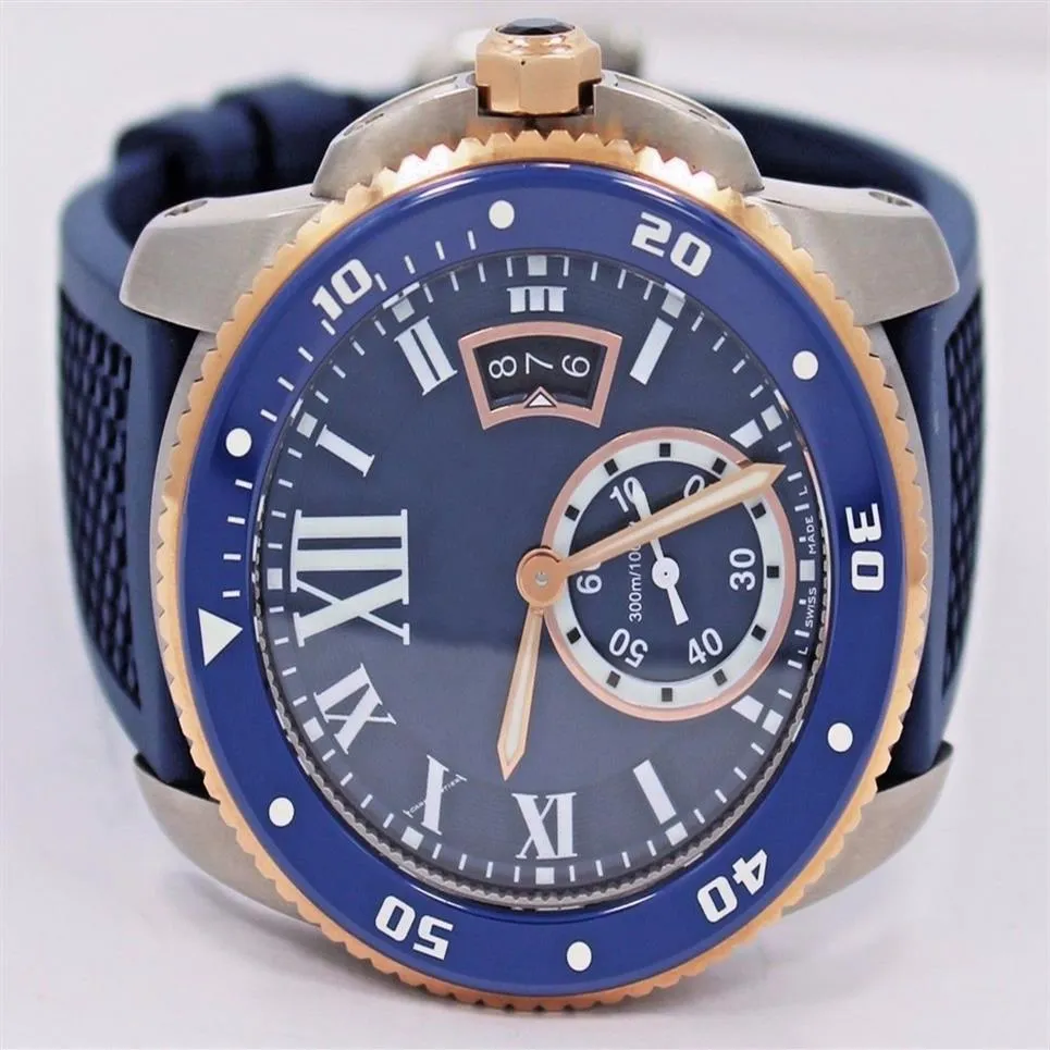 Divertido de alta qualidade W2CA0009 Dial azul e elástico de borracha de 42 mm Relógios de pulso esportivo masculino automático 18K Rose Gold Mens Watch195L