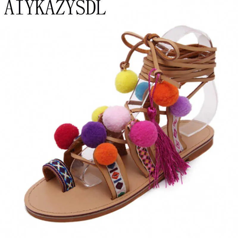 Sandals AIYKAZYSDL Ethnic Bohemia Summer Woman Pompon Sandals Gladiator Roman Strappy Knee High Boots Embroidered Tassel Shoes Flats T221209