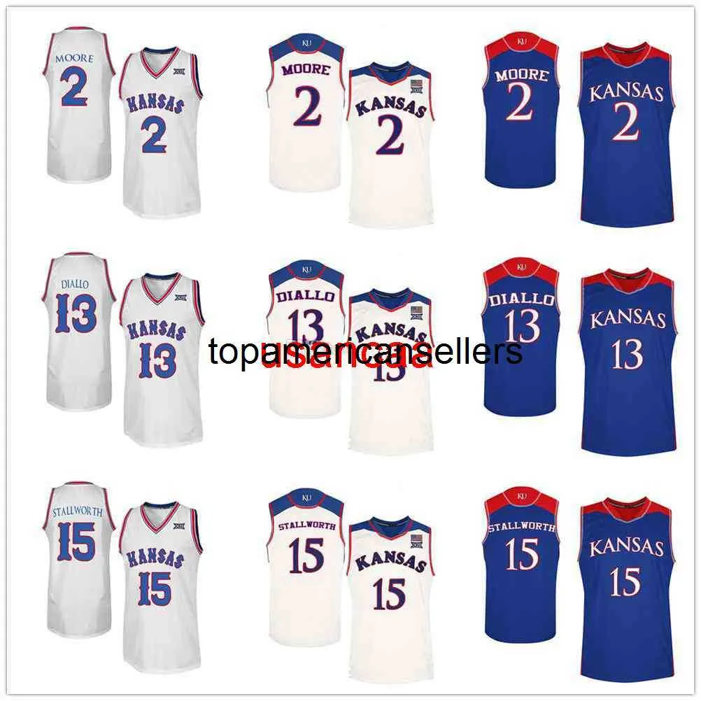 Kansas Jay College # 2 Charlie Moore camisetas de baloncesto # 13 Cheick Diallo # 15 Bud Stallworth para hombre cosido personalizado cualquier número nombre