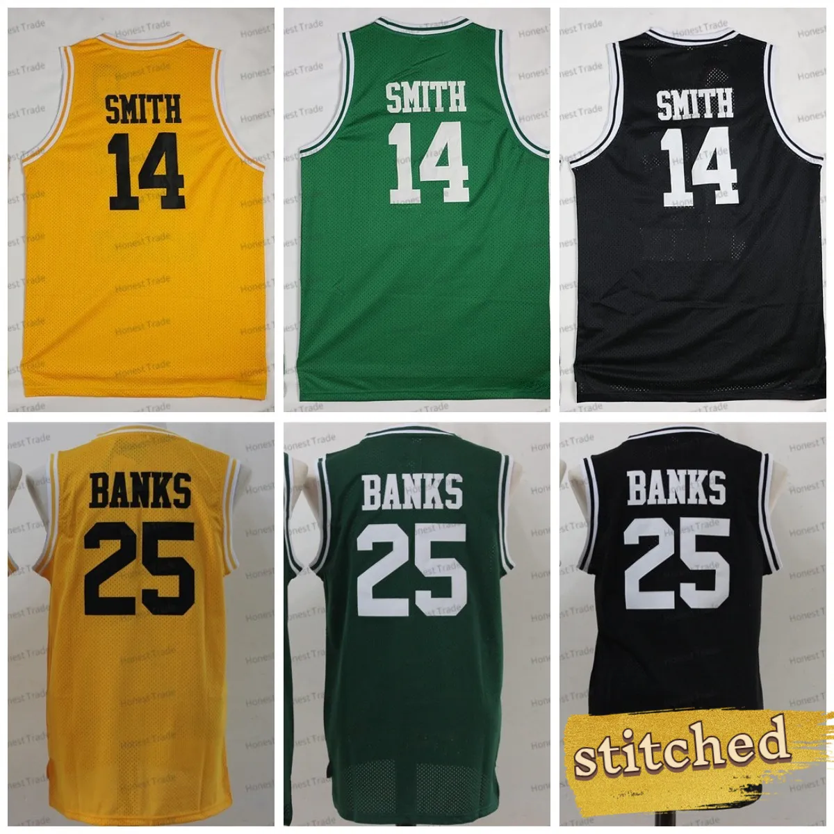 Film 14 Will Smith Basketball Jersey 25 Banks The Fresh Prince of Bel Air Academy Black Yellow Green Stitched Retro Mens Jerseys