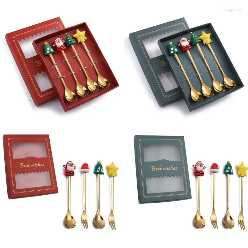 Dinnerware Sets 4pcs/set Christmas Spoons Forks With Gift Box Stainless Steel Dessert Coffee Spoon Kitchen Tableware Xmas Gifts Year