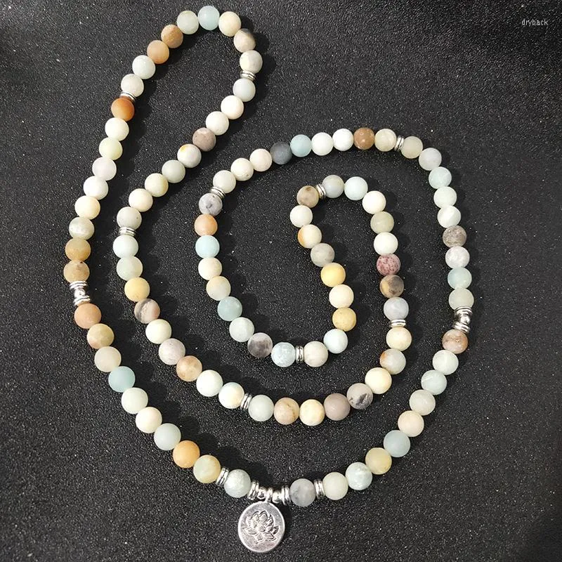 Strand Femmes Hommes Bijoux 8mm Mat Amazonite Pierre Perles OM Charme Bracelet 108 Mala Yoga Chakra Ou Collier