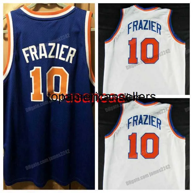 커스텀 레트로 월트 10 Frazier Basketball Jersey College All Stitched White Blue Size S-4XL 이름 번호 조끼 유니폼