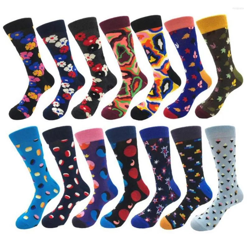 Chaussettes pour hommes coton coloré décontracté fleur feuille imprimé fête mariage affaires robe équipage Calcetines Hombre