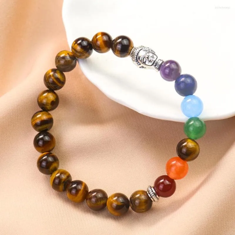 Strand Naturel 7 Chakra Pierre Cristal Perles Bracelet Bouddha Tête Joueur Chaplet Bracelet Reiki Guérison Yoga Méditation Femme Bijoux Cadeau