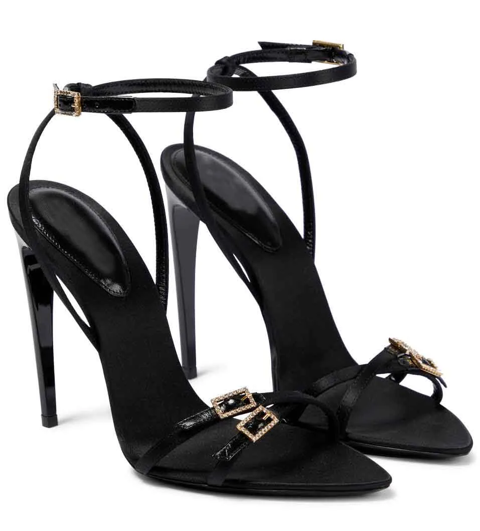 Summer Luxury Cassie Crepe Satin Sandals Shoes Women Claude Patent Leather Gladiator Sandalias Gold-tone Buckles Lady High Heels EU35-43