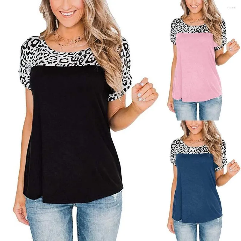 Dames t shirts lange mouw tee shirt dames casual korte kleur blok tuniek luipaard elegante tops blouses