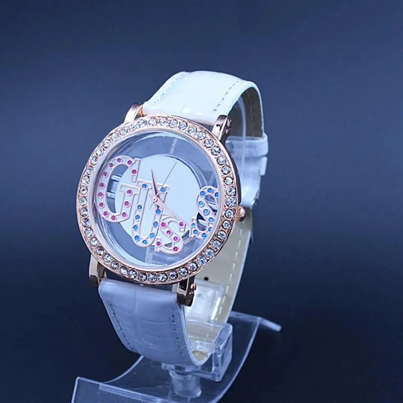 Montres de mode femmes fille cristal cadran bracelet en cuir montre à quartz 02279b