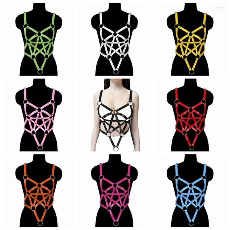 Gordels Pentagonal Crop Tops Goth Punk Black Leather Bra Harness Hollow Out Party Cosplay Clothing Halloween Aangepaste riemen vrouwen