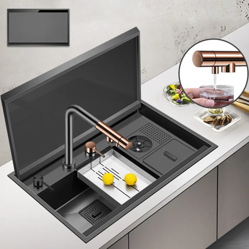 Nanômetro Tampa de flip pia de cozinha escondida tamanho grande 304 aço inoxidável 4 mm de espessura de cozinha artesanal de cozinha pias de lavagem