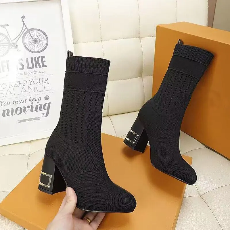 autumn winter socks heeled heel boots fashion sexy Knitted elastic boot designer Alphabetic women shoes lady Metal Letter Thick high heels Large size 35-41-42 With box