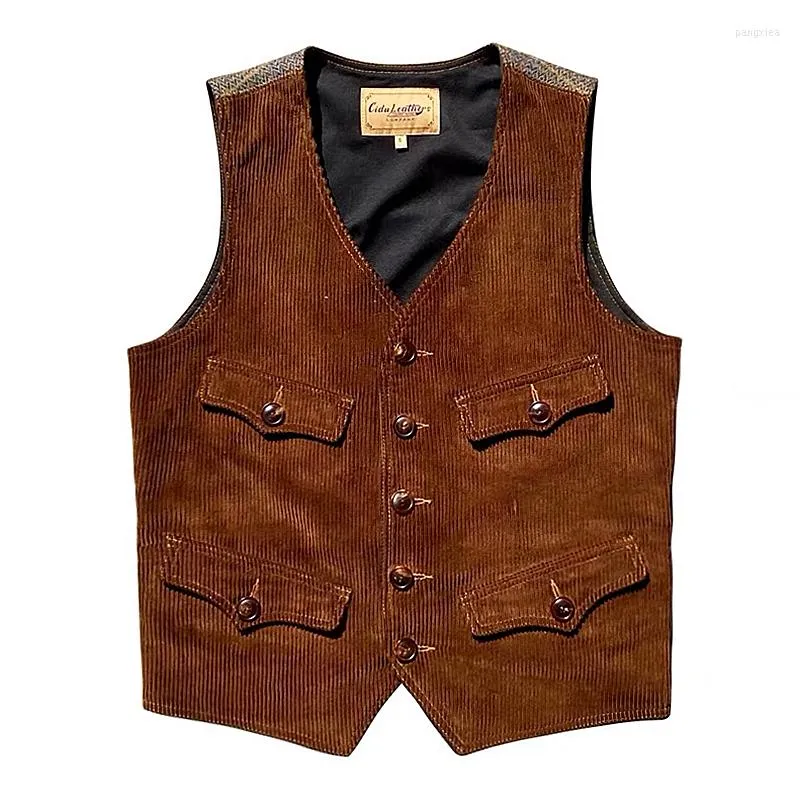 Men's Vests Mens V Neck Corduroy Vest Brown Vintage Sleeveless Jackets Autumn Casual Waistcoat Safari Patchwork Short Style High Quality