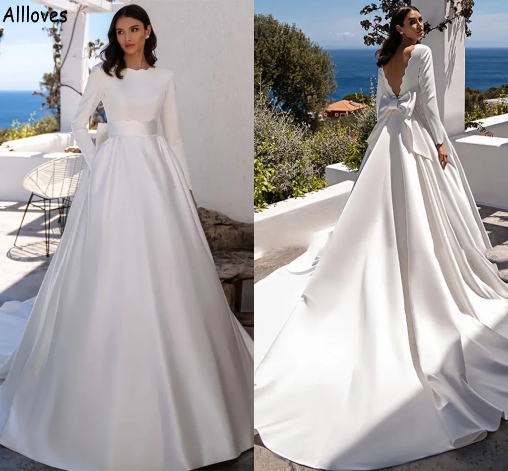 Modern White Satin A Line Wedding Dresses For Women Long Sleeves Jewel Neck Simple Bridal Gowns Sexy Backless Bow Court Train Fashion Beach Robes de Mariee CL1594