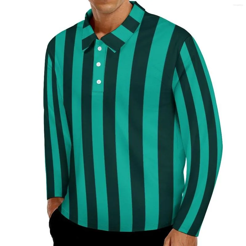 Polos pour hommes Vert à rayures verticales Polo décontracté Lignes noires T-shirts Manches longues Graphique Automne Élégant Oversize Tops Cadeau