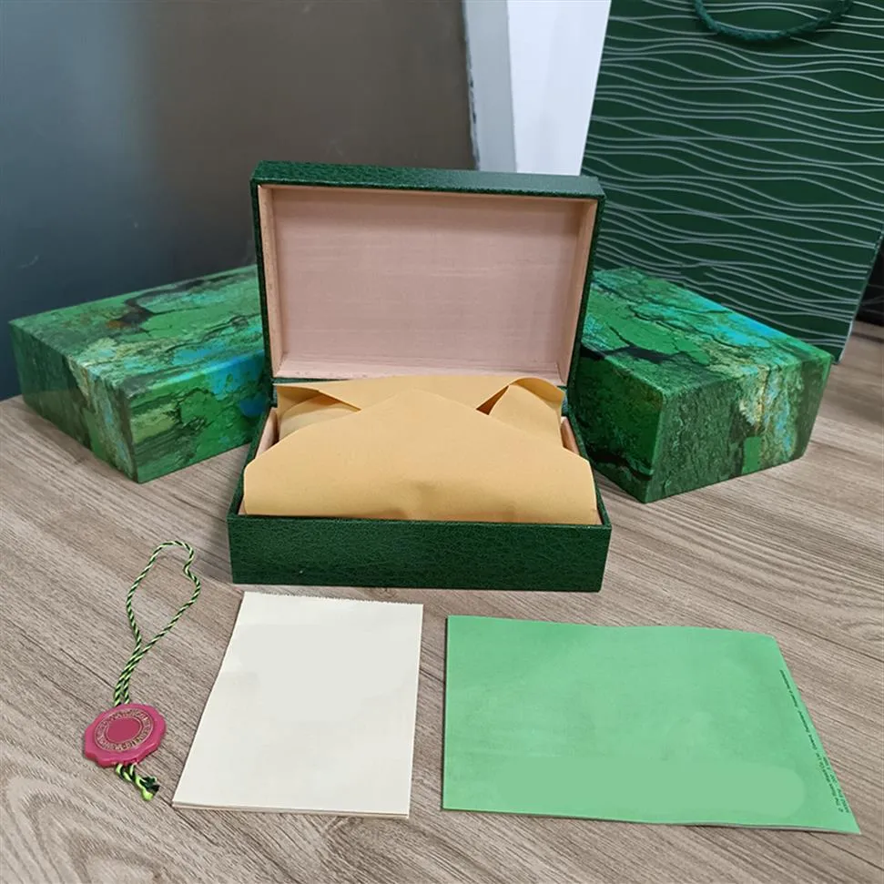 Rolex pudełka mody zielone skrzynie wysokiej jakości pudełka na papierowe torby certyfikat oryginalne pudełka na drewnianą kobietę zegarki na prezent Accessor306Q