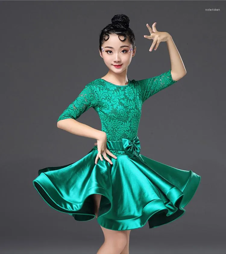 Scene Wear Latin Dance Dress for Girls Långärmad spetsar Standard Ballroom Dancing Dresses Kids Performance Salsa Clothes311q