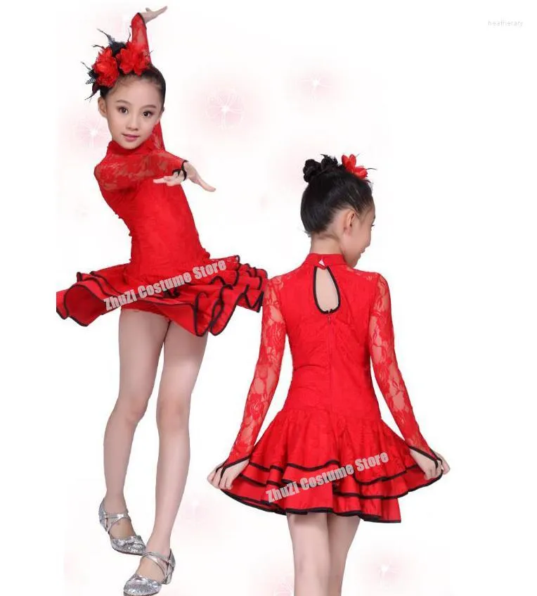 Stage Wear 2022 Lace Est Sexy Ballroom Dresses Tango Salsa Latin Dance Dress Children Red Black For Girls Long Sleeve298Z