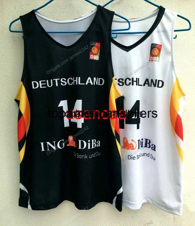 Custom Dirk Nowitzki #14 Basketball Jersey Bundesrepublik Deutschland Team Duitsland Black Wit Size S-4XL Elke naam en nummer