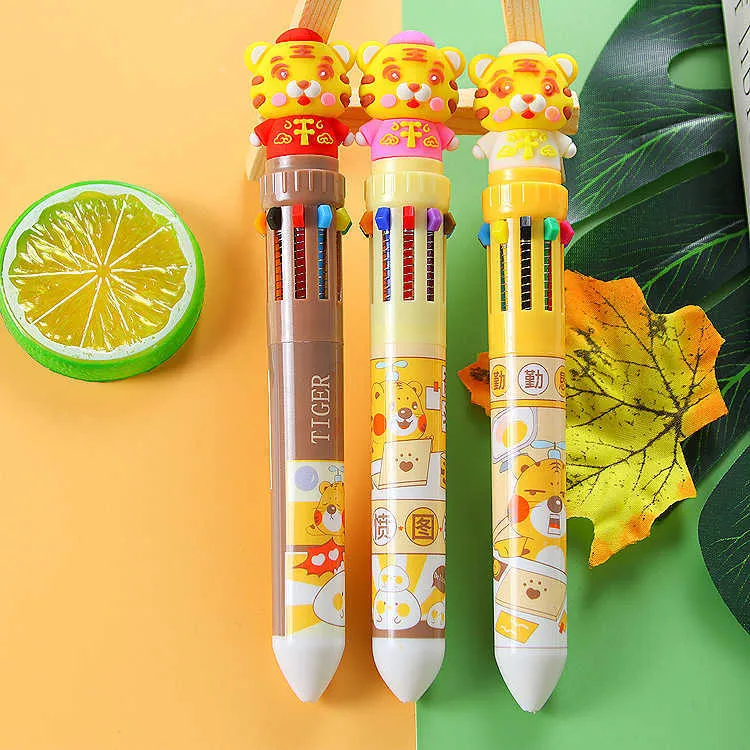 LATS Tiger Ten-color Ballpoint Pen Cute Student Stationery Press Multi-color Writing Tools Office School Supplies Wholesale