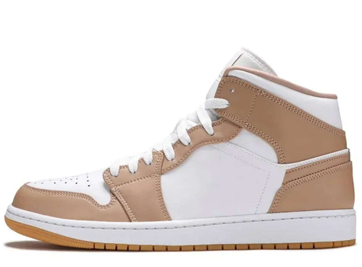 Met doos jumpman 1 basketbalschoenen mannen dames 1s tan gum bewerkte trainers sport sneakers slippers maat 6 6,5 7 7,5 8 8,5 9 9,5 10 10.5 11 11,5 12 12,5 13 13,5