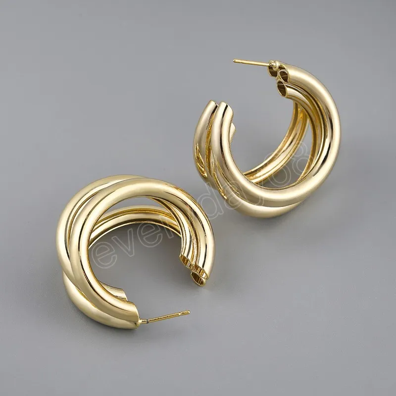 Minimalistische goldene Farbreizoopringe für Frauen dreischichtige dicke runde Ohrringe C-förmige Bijoux